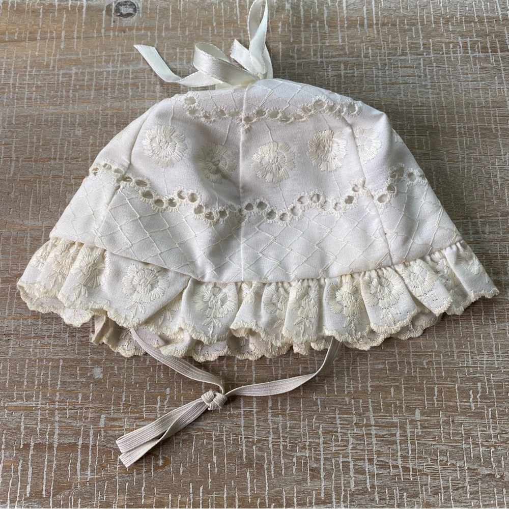 Nolan Eyelet Lace Ivory Baptism or Christening Bonnet Hat with Ribbon at Top